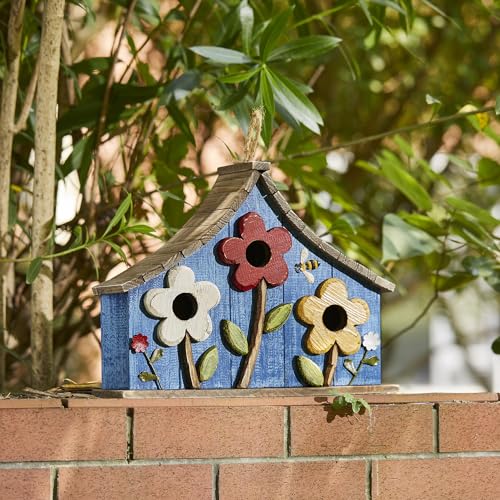 Glitzhome Bird Houses for Outdoors, 15" L Oversized Distressed Solid Wood Garden Hanging Birdhouse with 3D Flowers Three-Story Villa Decorative Hand-Painted Blue Bird Houses for Outside,Washed Blue - color: 15"L 3D Flowers Washed Blue