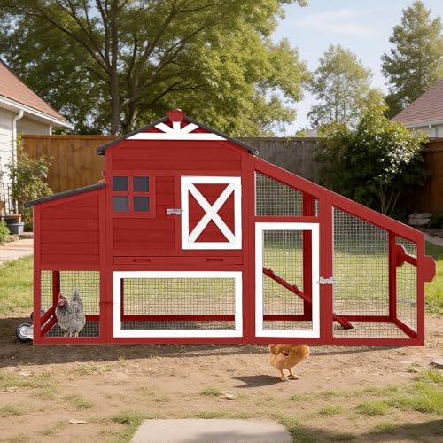 Large Chicken Coop with Run and Wheels, Wooden Hen House with Nesting Box and Waterproof Roof, Poultry Cage with Leakproof Tray, Rabbit Hutch, Bunny Cage Outdoor, Chicken Tractor for 4 Chickens (Red) - color: Red, size: 73.4"L x 27.9"W x 43.2"H