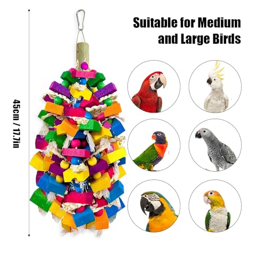 Large Parrot Chew Toys, Colorful Natural Wood Hanging Shredding Toy, Heavy Duty Beak Grinding Enrichment Toy for Macaw, Cockatoo, African Grey Large Bird Cage Accessories