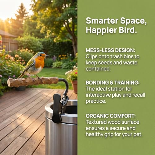Bird Perch Stand with Clip, Adjustable Clip-On & Portable Parrot Stand, Natural Wood Bird Perch Training Stand for Cockatiels, Conures, Lovebirds and Medium & Small Parrots