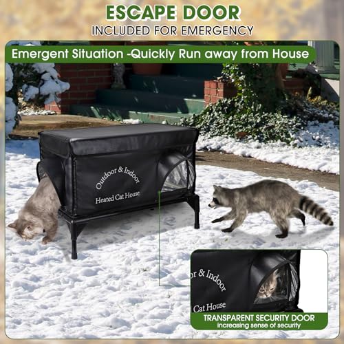 Heated Cat House for Outside Cat in Winter, Insulated Outdoor Feral Cat Shelter with Cat Heating Pad, 2 Doors,Elevated Waterproof Heated Kitty House (Black, 25"x13.7"x18") - style: Black Cat House 02