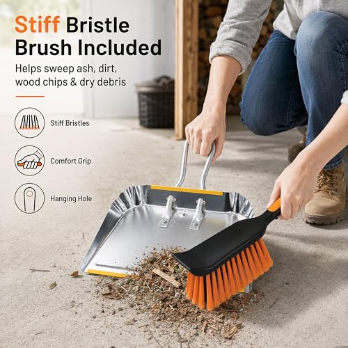17" Heavy Duty Metal Dust Pan with Brush Set | Large Wide Mouth Dustpan with Stiff Bristle Cleaning Brush for Garage, Wood Stove, Workshop and Outdoor Cleanup, Silver - size: 1 Count (Pack of 1) with Brush