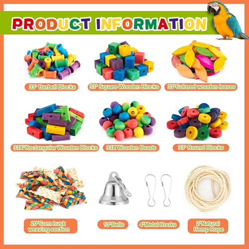 Shappy Large Bird Toy Making Kit, 228 Pcs DIY Parrot Toys Supplies, Natural Wood Chewing Blocks Beads Rope Bell Set for Macaw, Cockatiel, African Grey, Parakeet Cage Enrichment