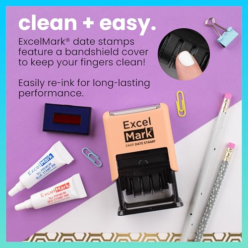 ExcelMark 2445 Date Stamp with Text - Blue and Red Ink (Peach Mount, Approved) - color: Peach Mount, size: Approved