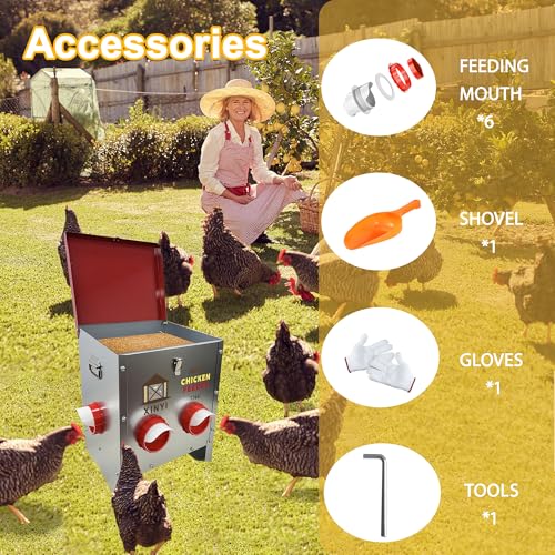 XINYI 7.1 Gallon Auto Chicken Feeder, 6 Ports Galvanized Chicken Feeder,Large Chicken Food Container No Waste & Rodent Proof Chicken Food Dispenser System, Weatherproof Duck Feeder - size: 6 ports
