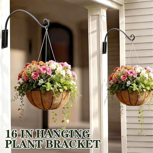 Heavy Duty 16 Inch Plant Hangers Bracket Outdoor 2 Pack Hanging Plant Hook | 60LBS Capacity, Rust-Proof Metal Wall Hook, Enhanced 6-Hole Base, For Hanging Plants, Bird Feeder, Wind Chime, Flower Baskets - size: 16in-2PCs