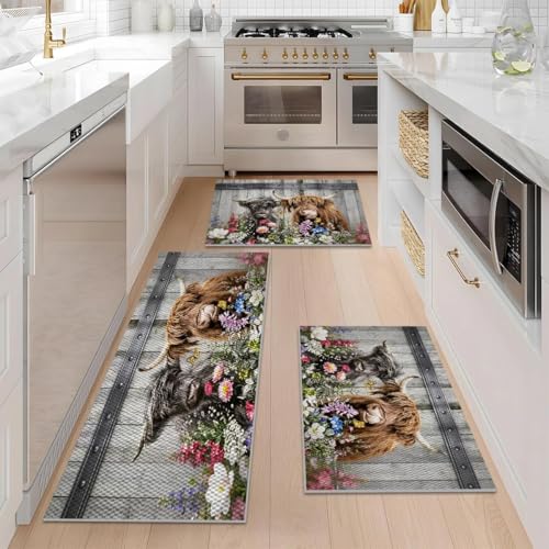 Farmhouse Kitchen Rugs Set of 3, Non Slip Washable Durable Stain Resistant Floor Mat Set,Highland Cow Floral Fence Retro Kitchen Runner Rug 16"X24"+20"X32"+20"X47" - color: Multicolour-highland Cow Floral