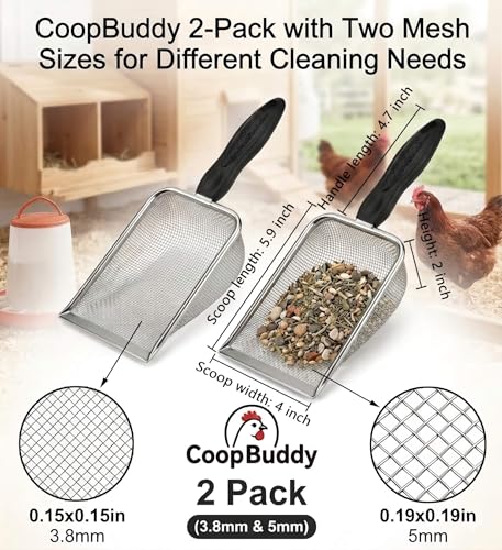 2 Pack Chicken Poop Scooper for Coop, Metal Mesh Sifters, 3.8mm & 5mm | 4-inch rake and scoop tools sift chicken poop, sand, litter and bedding; dual mesh sizes make daily coop cleaning easier.