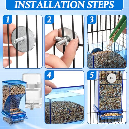 Novabright 7 Pcs No Mess Bird Feeder Water Dispenser Set Include Automatic Parakeet Feeder and Drinker with Bird Paw Grinding Stick Cage Accessories for Small Medium Cockatiel Lovebird(Classic,Blue) - color: Blue, style: Classic