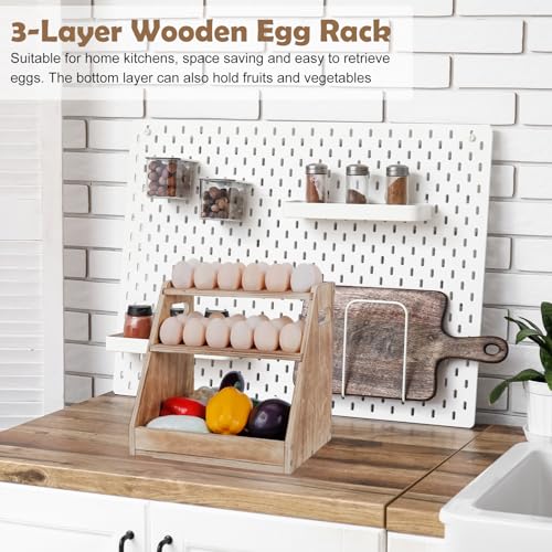 HAITRAL 3-Tier Wooden Egg Holder, Retractable Countertop Rack Hold 70 Egg | Farmhouse Egg Rack With Handle, for Fresh Chicken Egg, Duck Egg, Suitable for Home Kitchen