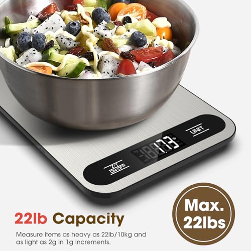 Mik-Nana Food Scale, 22lb Digital Kitchen Scale with 6 Units Tare Function | LCD Display, Stainless Steel Weight Grams and Ounces for Baking, Cooking and Meal Prep (Batteries Included)