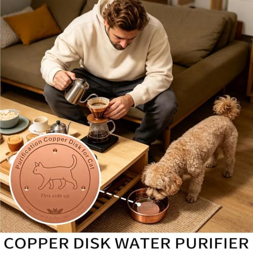 Copper Dog Bowl, 4" Copper Disc for Dog Water Bowl with 3 Point Support | Copper Pet Water Bowl, Dispenser Purification Disk, Copper Disk for Drinking Fountain Cat Bird Bath Bunny Cattle Horse - color: walking cat