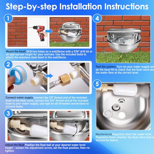 Metal Automatic Chicken Waterer, Duck Waterer No Mess | Stainless Steel Outdoor Wall Mounted Chicken Water Dispenser with Float Valve, Hose and Drain Plug for Chicken Coop