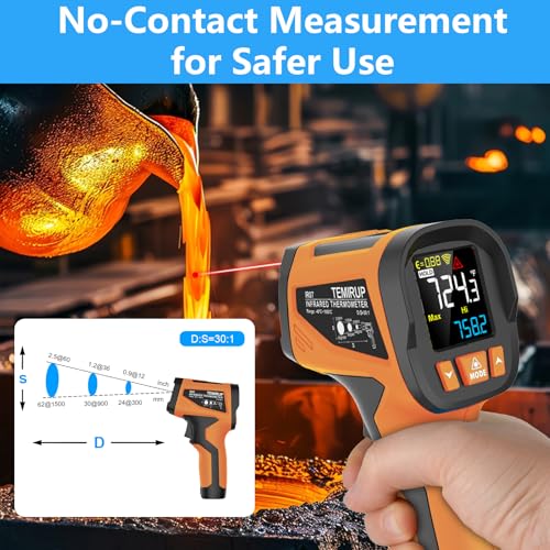 -40℉ to 1922℉ TEMIRUP Infrared Thermometer Temperature Gun with Thermocouple Probe, 30:1 Pyrometer High Temp Thermometer for Cooking Oven, Engine, Kiln, Forging, Industrial, Adjustable Emissivity - color: Orange, size: IR07 -40℉ to 1922℉(-40℃-1050℃）