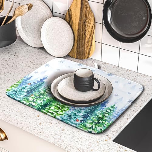 Winter Dish Drying Mat Forest Kitchen Mat for Counter for Home Season Decor 18 X 16 In - color: Winter Forest Bird, size: 18" x 16"