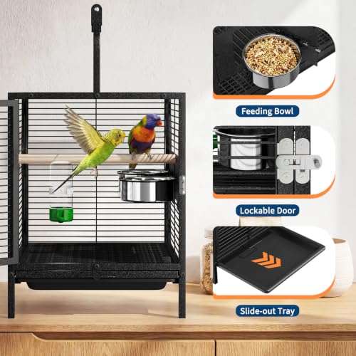 25.9''H Travel Bird Cage for Small Parrots Wrought Iron Portable Carrier Parrot Cage with Food Bowl/Perch, Slide-Out Tray for Canaries Budgies Parrotlets Lovebirds Conures Cockatiels, Black | Wrought Iron Portable Carrier Parrot Cage w/ Slide-Out Tray for