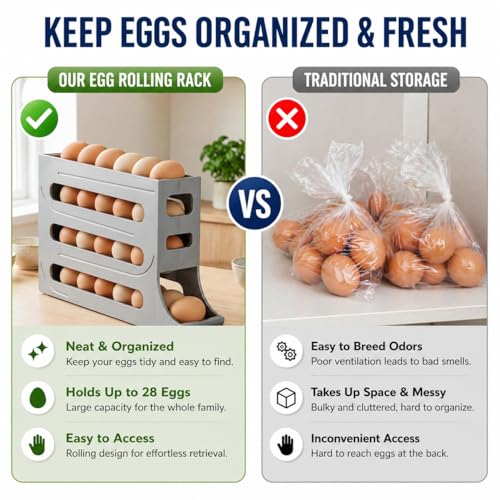 4 Tier Egg Roller Dispenser for Fridge, Automatic Rolling Egg Organizer, Refrigerator Space Saving Egg Storage Container Holder Holds 28 Eggs (Translucent) - color: Translucent