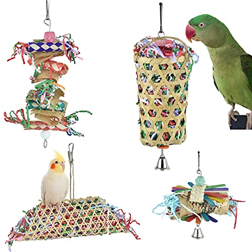 4 Pack Bird Foraging Shredder Basket Toy Parakeet Cockatiel Paper Cage Chew | Conures Cage Climbing Foot Toys with Bell,Parrot Chewing Beads,Bamboo Basket,Birdcage Hanging Treats Feeder Toy,Refillable