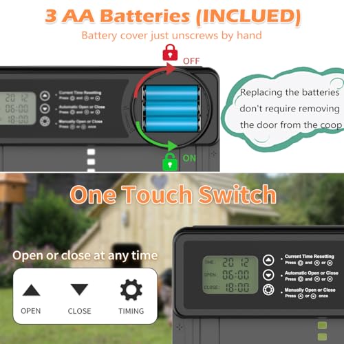 Automatic Chicken Coop Door, Battery Powered with Anti-Pinch Sensor | Waterproof Automatic Opener, Smart Timer, Large LCD Display, Auto Open/Close for Hens, Ducks & Geese Poultry