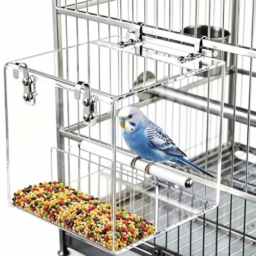 Hanging No Mess Bird Feeder for Cage, Transparent Acrylic Bird Feeder Cage | Bird Feeder Cage with Stainless Steel Hooks for Parrots, Canary, Budgerigar, Cockatiel, Lovebird, Parakeet - size: 5.1"L x 4.3"W x 5.1"H
