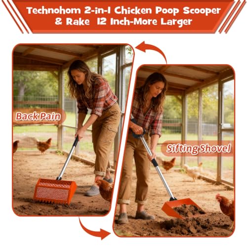 Chicken Poop Scooper & Rake 2-in-1 – 12 Inch Shovel Head & 3-Angle Adjustable 304 Stainless Steel Handle, Chicken Litter Scoop and Coop Rake & Sand Sifting Shovel for Chicken Coops, Orange - color: Orange
