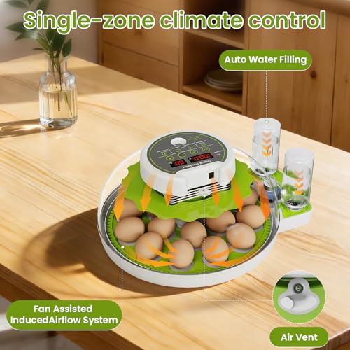 18-Egg Incubator with Automatic Egg Turning & Humidity Control, HD Panoramic View, Built-in Candler for Hatching Chicken, Duck, Quail Eggs Farms, Science Labs, Classroom, Home Use