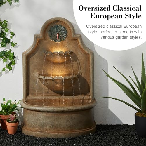 Glitzhome 37.25" H Outdoor Garden Water Fountain with LED Lights and Pump, Oversized Antique European Style 3-Tier Polyresin Cascading Floor-Standing Fountain for Porch Deck Patio Backyard Decoration - color: Antique