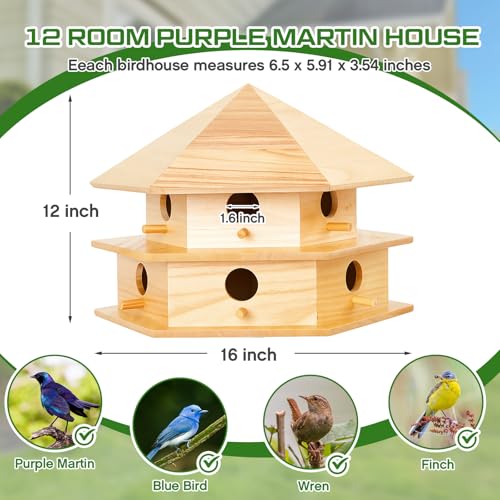Yaocom Purple Martin House, 12 Room Martin BirdHouses for Outside, Sycamore Wood Construction & Waterproof(Wood Color,16.54 x 14.57 x 11.81 Inches)