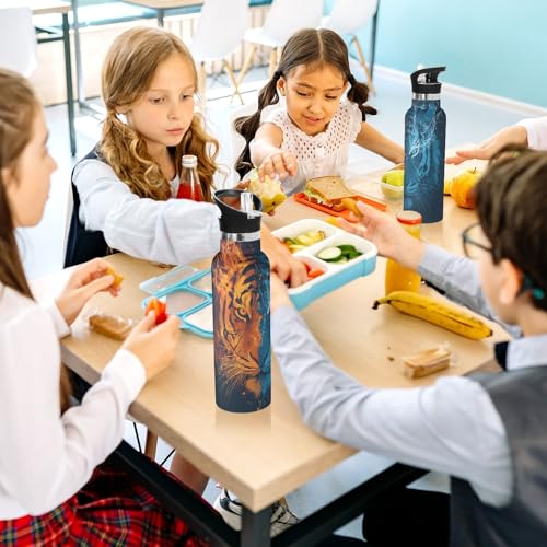 Tigers Water Bottles for Boys Tiger Leakproof Insulated Flask Jug Insulated Stainless Steel Travel Mugs Thermos Bottle Cups with Straw Lid for Sport 600ml - color: tigers face