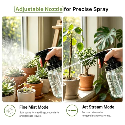 Glass Plant Mister Bottle -16 oz Vintage Style Mason Jar Fine Mist Sprayer - Refillable Leak Proof Water Spray Bottle for Plants, Gardening, Decorative with Adjustable Mist Nozzle (Clear) - color: Clear