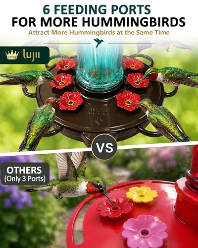 LUJII Smart Hummingbird Feeder with Camera for Outdoor Hanging, Hand Blown Glass, Solar WiFi Feeder with Live View App, 6 Feeding Ports, Leak-Resistant Design, Ant Moat & Gift Box, 36 fl oz, Teal - color: Blue, size: X-Large