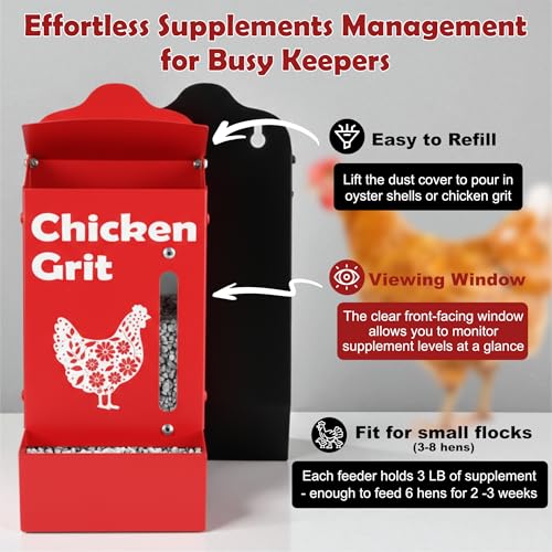 Chicken Coop Accessories Oyster Shell Feeder & Chicken Grit Feeder Set, No-Waste All‑Weather Thick‑Wall Design, Lift-Off Wall-Mounted Gravity Dispenser w/Rain Lid, Chickens Gifts for Chickens Lovers - color: Combo-Black/Red
