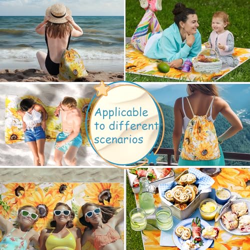 Sunflower Floral Beach Towel Bag - Summer Yellow Flowers 2 in 1 Travel Blanket Backpack for Women Holiday Picnic 63"x31.5" - color: Watercolor Sunflower Yellow