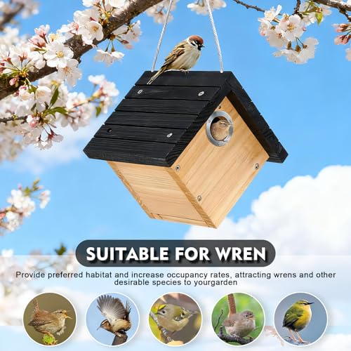 Gtongoko Hanging Wren Bird Houses for Outside with 1-1/8" Entrance 2 Pack | Wood Nesting Box with Metal predator guard, Climbing Grooves, Clean-Out Door, Air-Vent for Wrens & Carolina Wrens - color: Black-2 pc