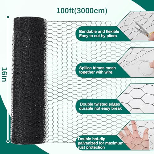 GlikCeil 16 in x 200 ft Chicken Wire Fencing Metal Floral Chicken Wire Mesh for Crafts Poultry Garden, 1 Inch Hexagonal Galvanized Hardware Cloth Netting for Poultry Coop Barrier Rabbit Cage(Black) - color: Black, size: 16 in X 200 ft
