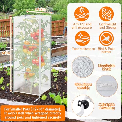 3Pack Garden Netting Cover for Square Tomato Cage, 60"x18.5"Bird Netting Barrier with Zipper Drawstring Tomato Trellis Net Mesh Climbing Plant Cover for Protecting Vegetable Fruits from Animals Insect