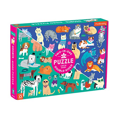 Mudpuppy Cats and Dogs Double-Sided Puzzle, 100 Pieces, 22”x16.5” – Perfect Family Puzzle for Ages 6+ - Colorful Illustrations of Dogs on One Side and Cats on the Other – Two Fun Puzzles in One Box - style: Cats & Dogs