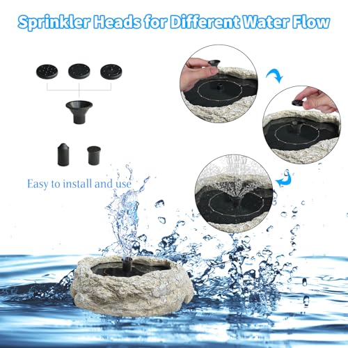 SAC SMARTEN ARTS Solar Fountain for Bird Bath with Solar Panel Resin Granite Rock Solar Water Fountain Pump for Bird Bath Outdoor Hummingbird Birdbath Fish Tank Pond with 5 Nozzles