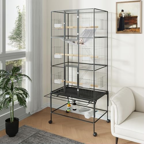 69" H Large Bird Cage, Bird Cage with 3-Tier Platforms, Ladders, Perches, Feeder, Wide Birdcage for Parakeets, Conures, Lovebirds, Quaker, Cockatiels, Budgie, Black - size: 31.5"L x 23.6"W x 65.8"H