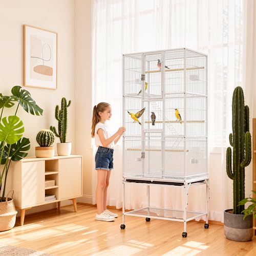 69 inches Bird Cage with Dust Cover, Birdcages with Rolling Wheels | Large Bird Cages for Cockatiels Quaker Conure Parakeet Lovebird Finch Canary Small Medium Parrot Cage Birdcage,White - color: White