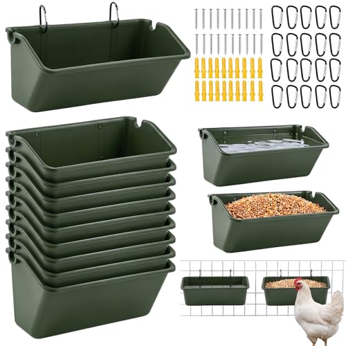 10 Pack Chicken Feeder,5 Quart Hanging Goat Waterer,Green | Two Mounting Options, Metal Clips and Screws,Solid base without holes,Livestock Feed Buckets for Sheep Duck Coop, Farm, Geese - color: Green