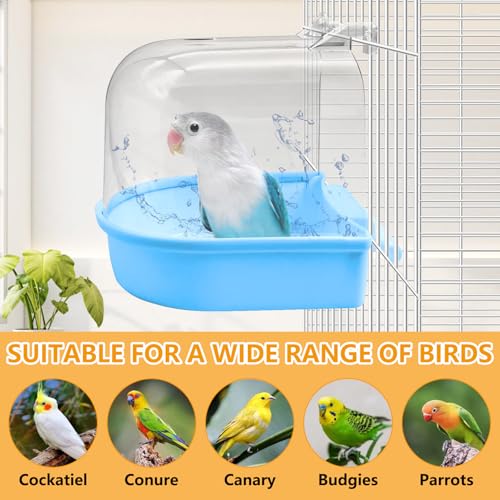 Tfwadmx 3Pcs Bird Bath for Cage Hanging Parakeet Bath Box Clear Bird Bathtub Water Shower Food Feeder Bathing Tub for Cockatiel Conure Canary Budgies - color: Green, Blue &Orange