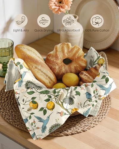 150GSM Flour Sack Kitchen Towels Set of 2, Lemon Birds | 18"x26", Lightweight, Lint-Free, Pure Cotton, Decorative, with Hanging Loop, Absorbent, Softer after Wash, Giftable Package - color: Lemon Bird