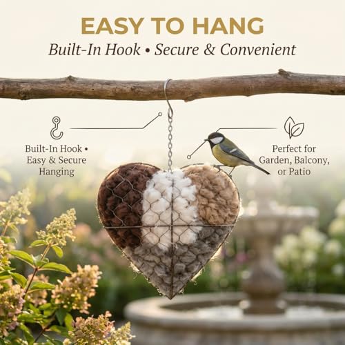 Handmade Fiber Bird Nesting Heart,Birds Nests Material Holder,Refillable Bird Haven Heart-Shaped Hummingbird Nest with Nesting Material,Winter Tree Shelter for Wild Bird,Gift for Hummingbird Lover,1PC