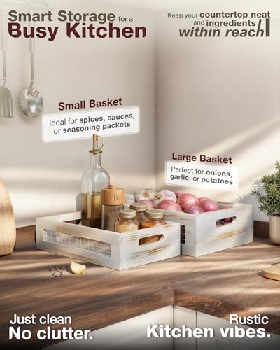 Wooden Countertop Baskets Set of 2 for Kitchen, Bathroom, Pantry|Wall Mount Upgrade with Full Accessories| Rustic Nesting Boxes|Wooden Organizer Crates for Fruit, Vegetables, Produce, Bread - color: White