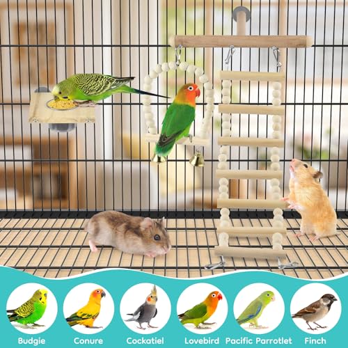 DBNESS 5in1 Bird Toys, Birdie Perches Platform Swing with Stainless Steel Feeding Cup Climbing Ladder, Wooden Play Gym for Cockatiels Lovebirds Budgies Pacific Parrotlets Finch Canaries