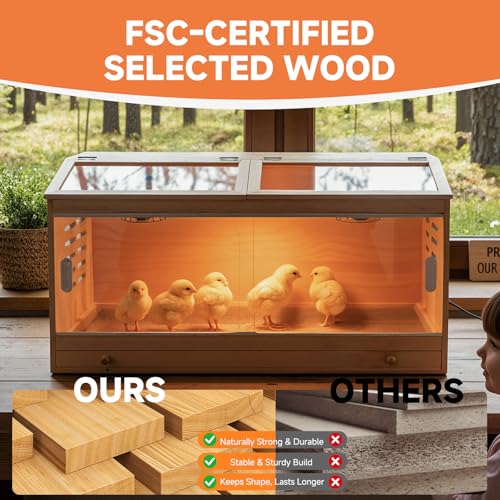 Large Wooden Chick Brooder Box with Drawers, 3 Heat Lamps and Thermostat | Built-in thermometer and pre-drilled holes; 31.5 x 15.75 x 18.1 in for chicks, ducks, quail and hamsters - size: 31.5"L x 15.8"W x 18.1"H