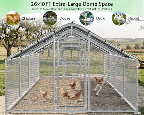 26x10 FT Extra Large Walk-in Chicken Coop with Spire Roof Cover | Front and rear doors, feeding door, roosting ladder and galvanized frame support easier poultry care and access - size: 298.4"L x 118.1"W x 77.6"H