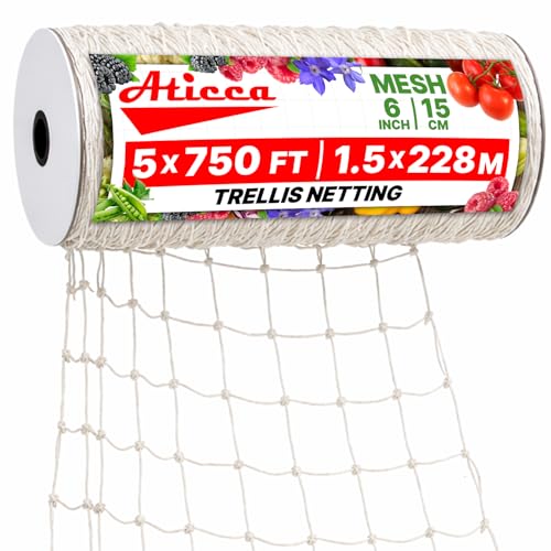 ATICCA Trellis Netting 5 x 750 ft Heavy Duty Polyester Plant Support Netting White - 6 Inch Garden Rope Trellis on Roll - Mesh Twine for Growing Vine Climbing Plants, Flowers, Peas, and Tomatoes. - size: 5x750ft Polyester Trellis Netting
