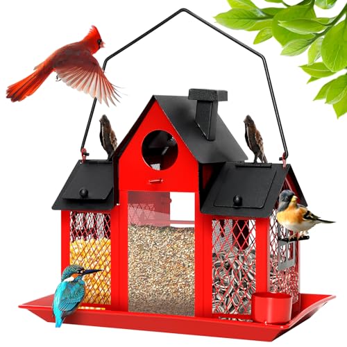 Solar Bird Feeders for Outdoors Hanging, Bird Houses for Outside | Red,Cardinal Bird feeder,Wild Metal Bird Feeder Squirrel Proof,7LBS Large Capacity with Water Cup,Gift for Bird Lovers - color: Red
